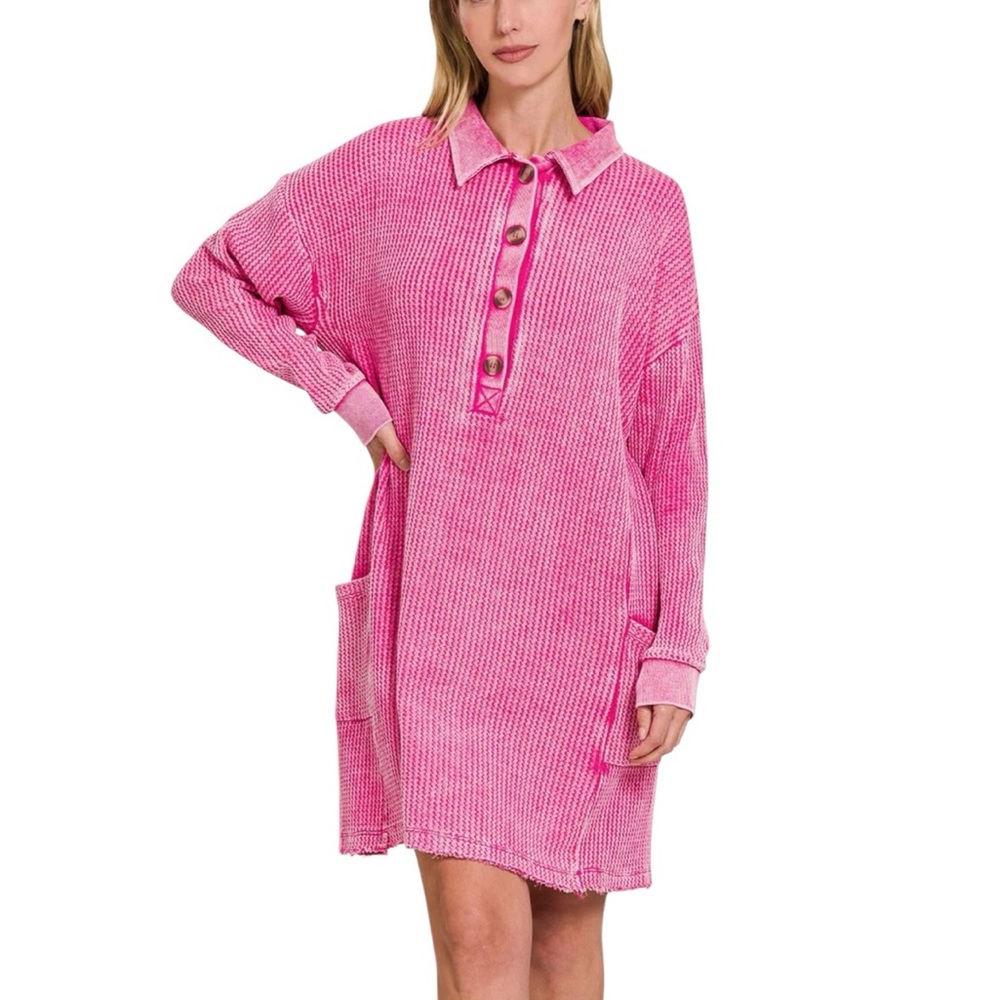 Zenana Pink Acid Wash Waffle Knit Dress Collared Long Sleeve Womens Small